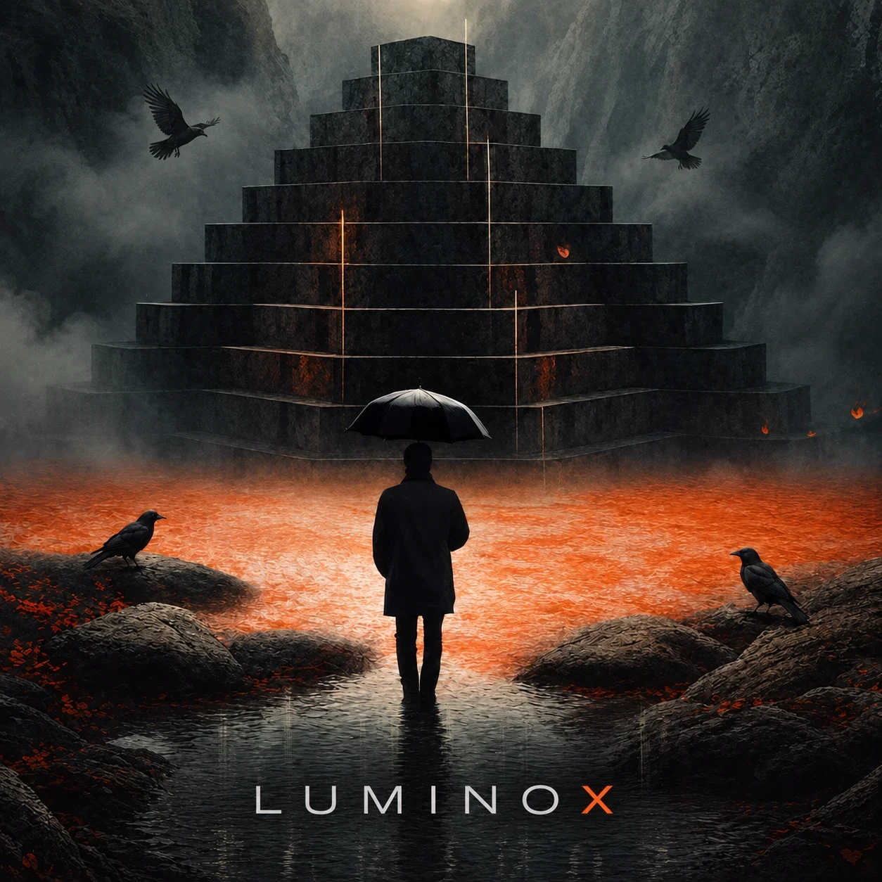 Luminox: a lone figure with an umbrella stands before a stepped stone pyramid, above a river of orange light.